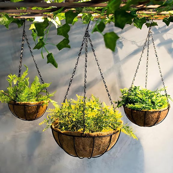 Hanging Planter Basket with Coco Coir Liner, 10"/12" Round Wire Plant Holder with Chains, Decorative Metal Flower Pot for Indoor Outdoor Garden Patio