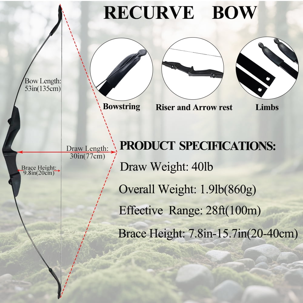 Piaoyu 40 LB Left-handed and Right-handed Backyard Outdoor Shooting Practice Recurve Bow, Suitable for Adults, Beginners, and Teenagers