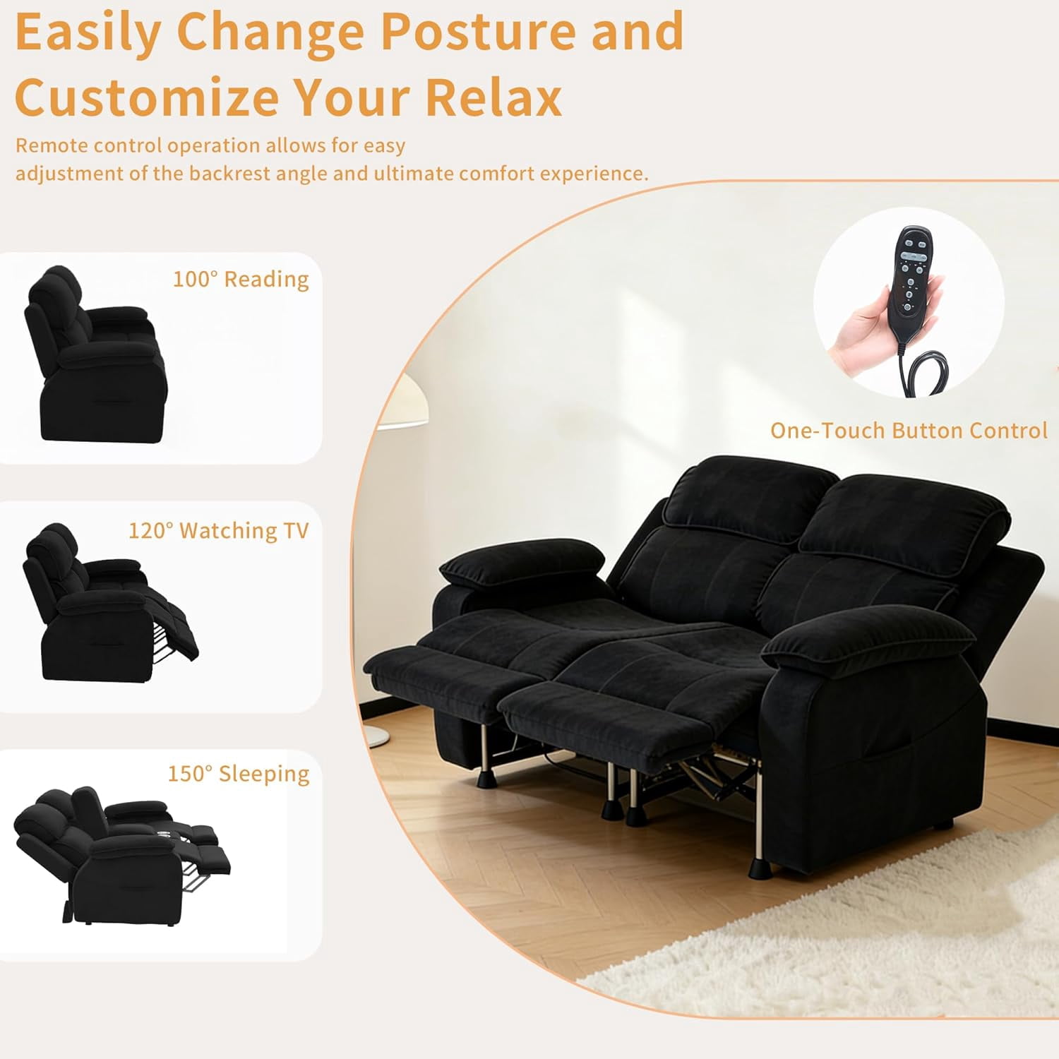 Electric Reclining Loveseat Sofa with 8-Point Vibration Massage, Bluetooth Speakers, Storage Console and Cup Holders for Living Room & Home Theater(Black, Loveseat)