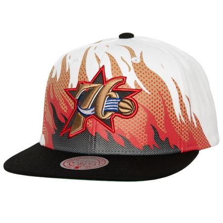 Men s Mitchell & Ness White Philadelphia 76ers Hot Fire Snapback Hat