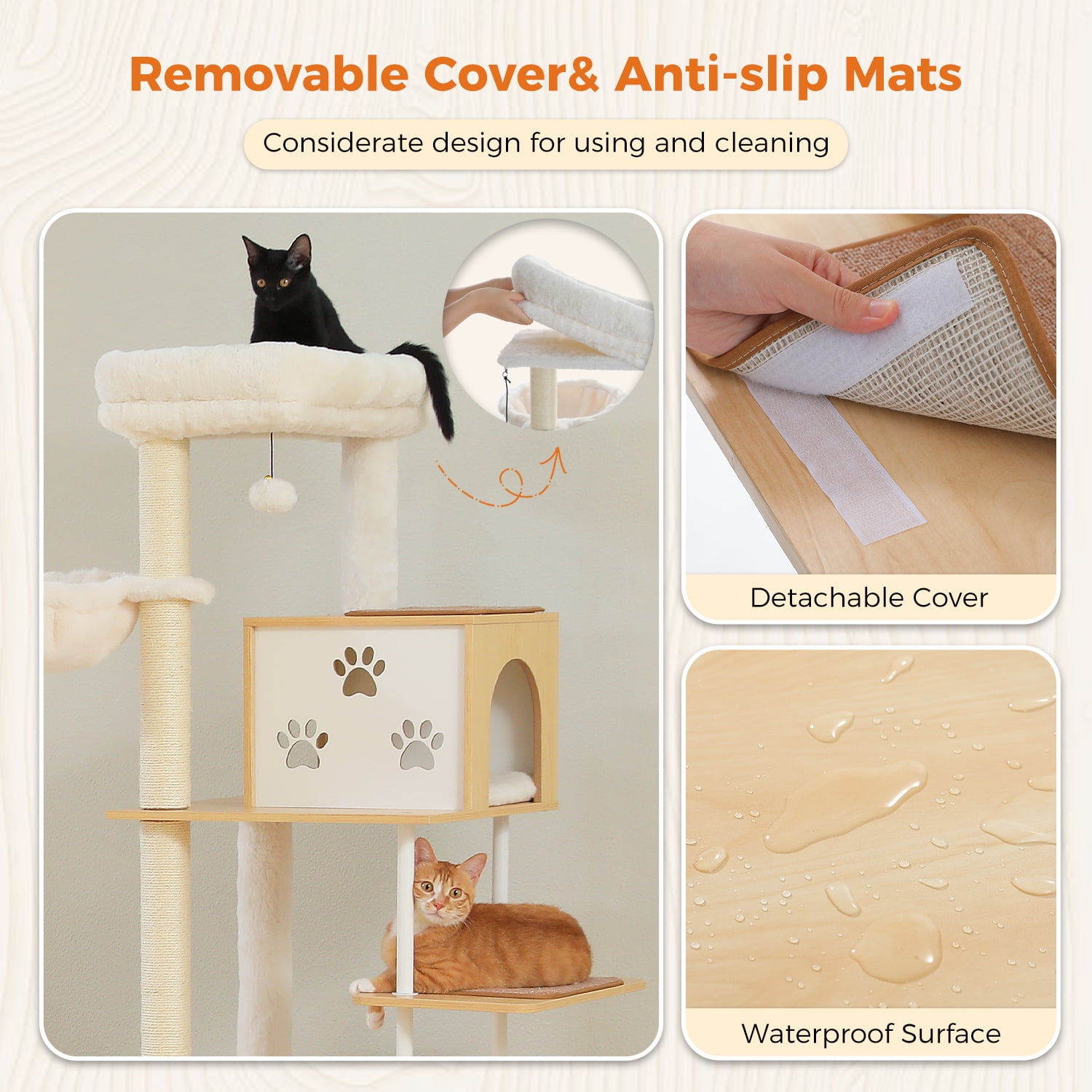 Pefilos 74" Cat Tree with Food Station, Wooden Tall Cat Tower with Condos and Hammocks,Spacious Perch,Sisal and Steel Posts, Scratching Mat, Beige