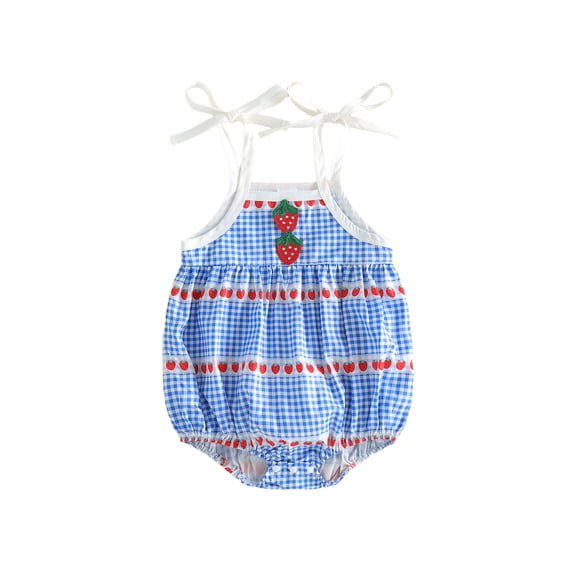 BemeyourBBs Infant Baby Girl Summer Clothes Plaid Bubble Romper Strawberry Plaid Sleeveless Bodysuit Cute Strap Tie Up Square Neck Overalls Playsuit