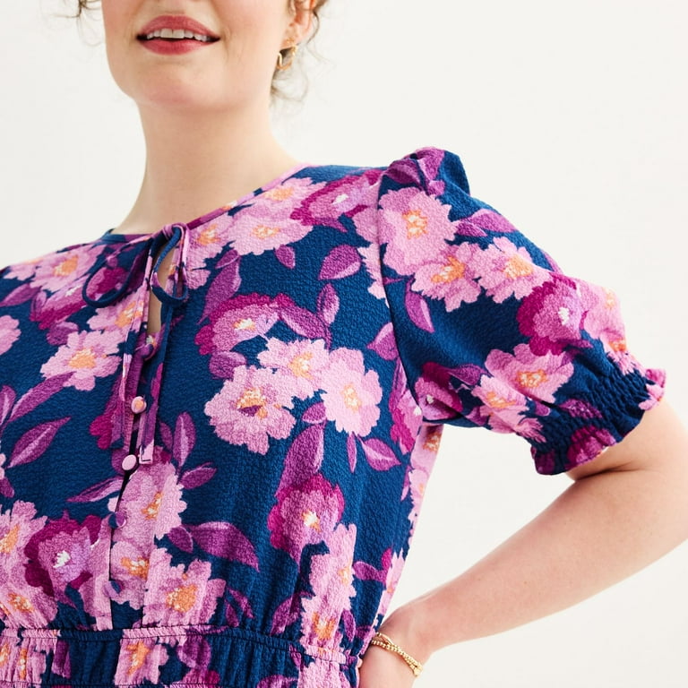 Women's Draper James Puff Sleeve Fit & Flare Mini Dress Color: Navy Purple  Floral Size: SMALL - Walmart.com
