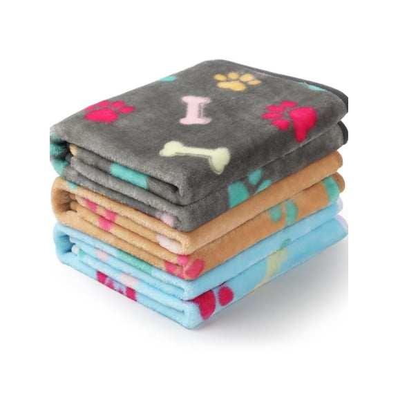 3‑Pack Fluffy Fleece Pet Blankets, Soft Paw Print Throw Blanket, Warm Lightweight Sleeping Mat for Small Dog Cat Puppy Kitten, 23x16 inch