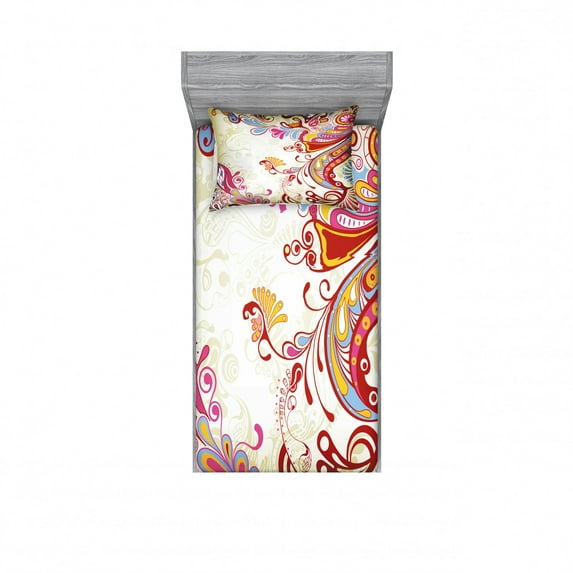 Colorful Bedding Set with Sheet & Covers, Flower Bouquet Paisley Pattern Floral Damask Persian Print, Printed Bedroom Decor 2 Shams, 4 Sizes, Grey Yellow and Multicolor, by Ambesonne