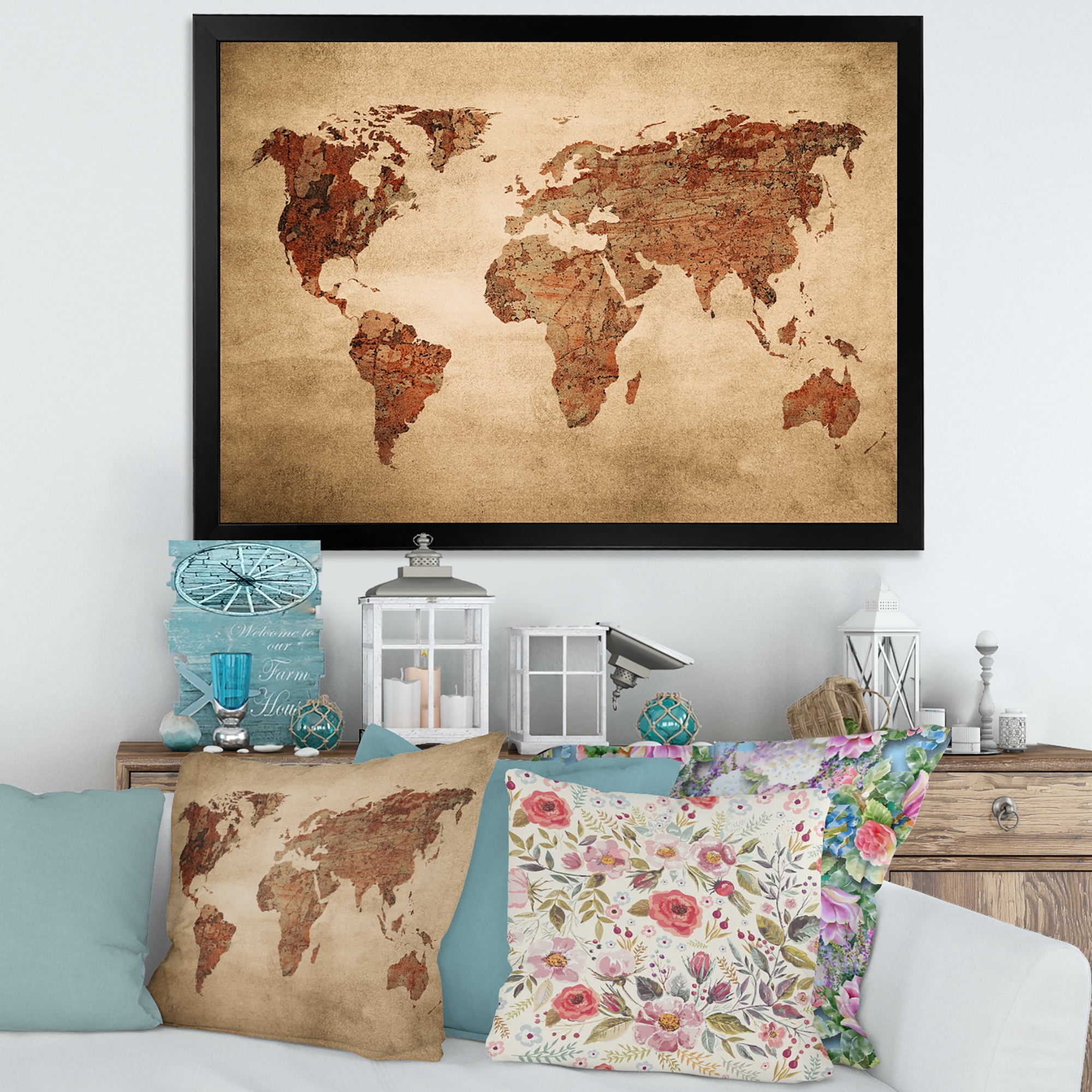 Designart 'Ancient World Map VII' Vintage Framed Art Print