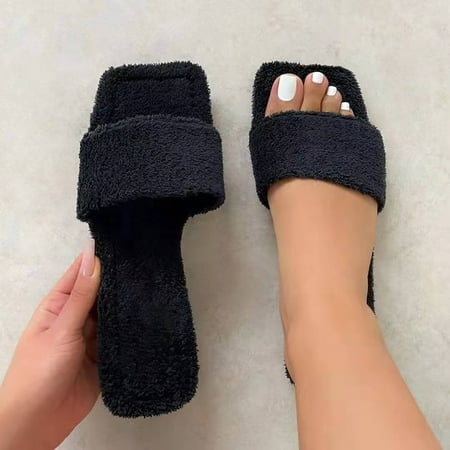 

Women Plush Slipper Solid Color Flat With Home Slipper Shoes Indoor Flip Flop