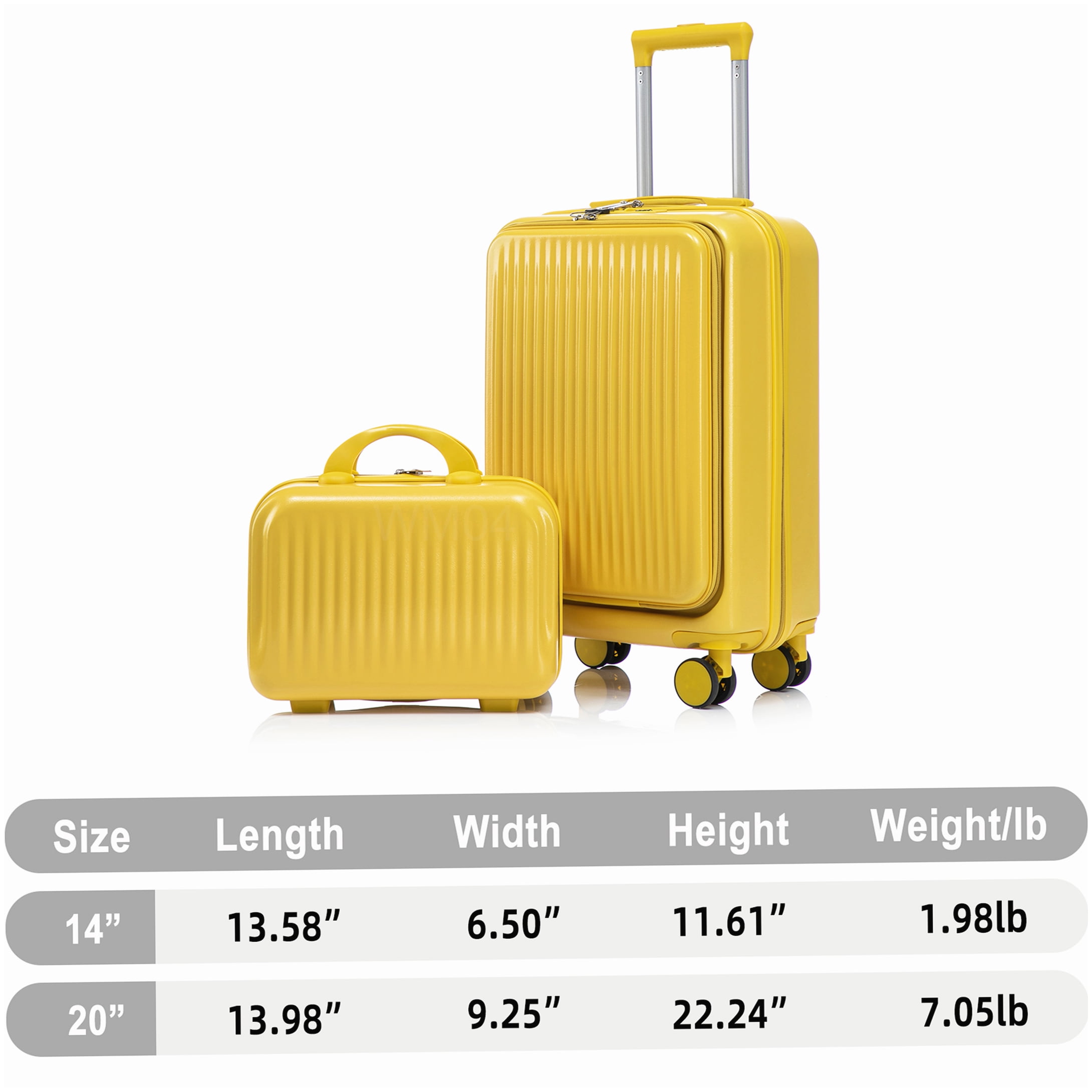 MANGIJOY 20 Inch Carry On Suitcase with Front Pocket &; 14 Inch Makeup Case - Yellow Hardcase Spinner Luggage Set, ABS Material