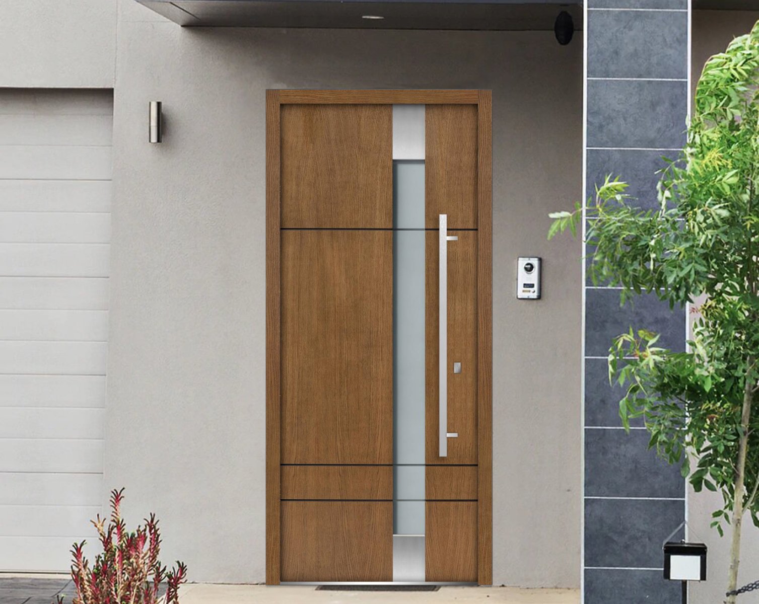 Vdom Deux 1713 36" x 80" Prehung Frosted Glass Front Exterior Steel Door, Natural Oak
