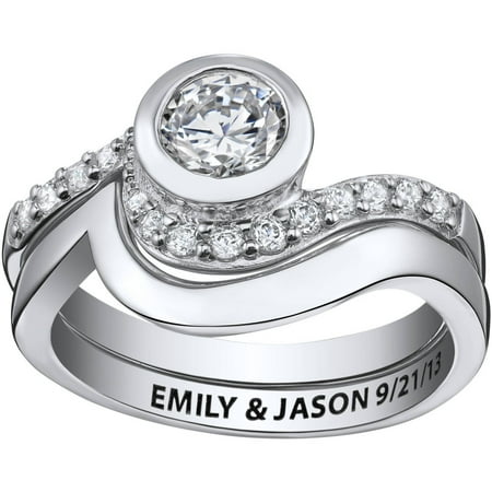 Personalized Planet Jewelry Cz Sterling Silver Ocean Personalized Cz Sterling Silver Ocean Wave 2 Piece Engraved Wedding Ring Set
