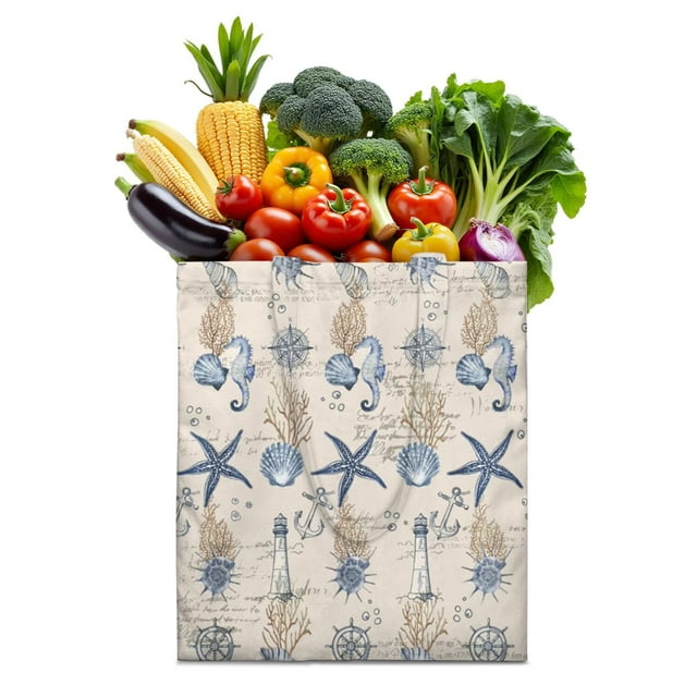 Eco-Friendly Reusable Grocery Bag with Watercolor Ocean Starfish - Foldable & Machine Washable Tote