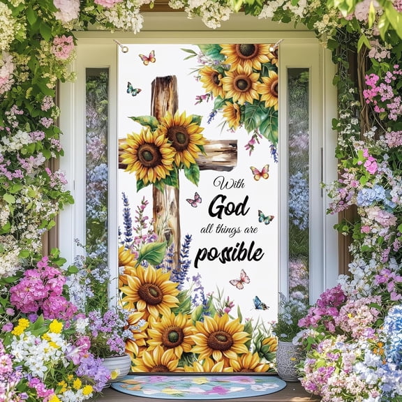 1 Pc with God All Things are Possible Door Cover Decorations Sunflower Flower Religious Front Door Banner Polyester Door Backdrops