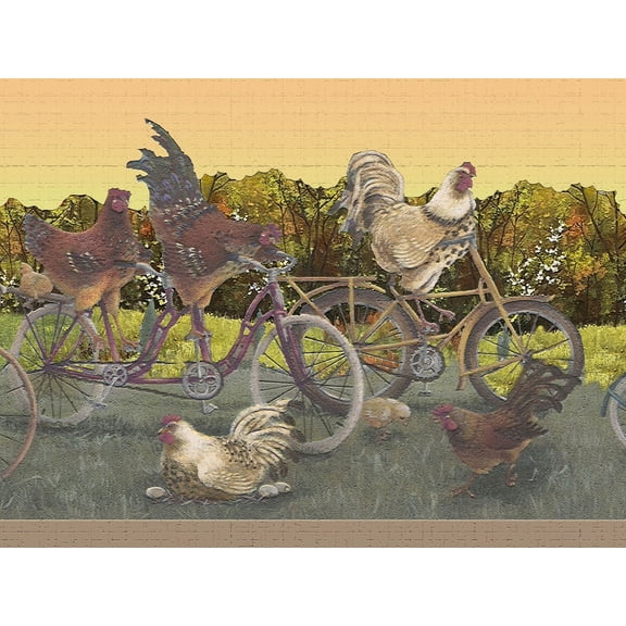 Dundee Deco's Peel and Stick Wallpaper Border - Nature Red Green Chickens on Farm Wall Border Retro Design, 15 ft x 7 in, Self Adhesive