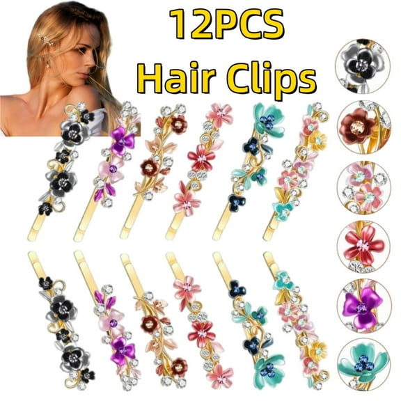 WeiDongzhuo 12 Pieces Vintage Flower Hair Pins Gold Tone Metal Barrette Bobby Pins French Rhinestone Hair Clips for Women Girls