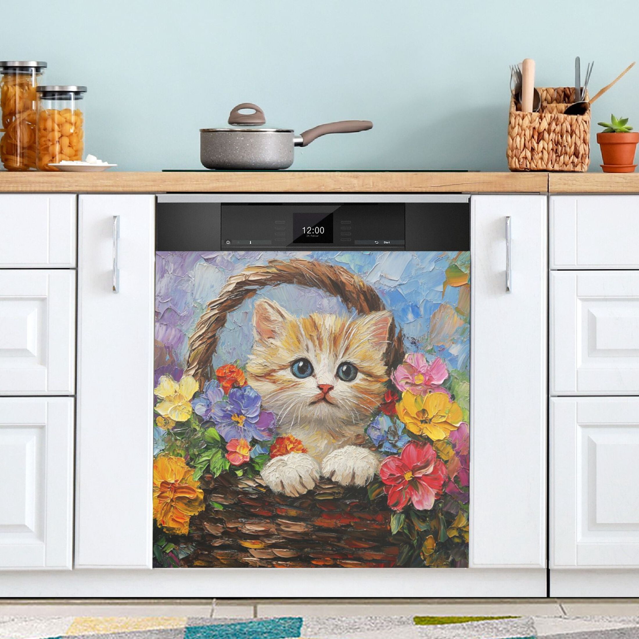 Dishwasher Magnetic Sticker 23x26 Inch Refrigerator Magnetic Sticker Washing Machine Magnetic Sticker Kitchen Panel Magnetic Sticker Home Decor Flower Basket Cat