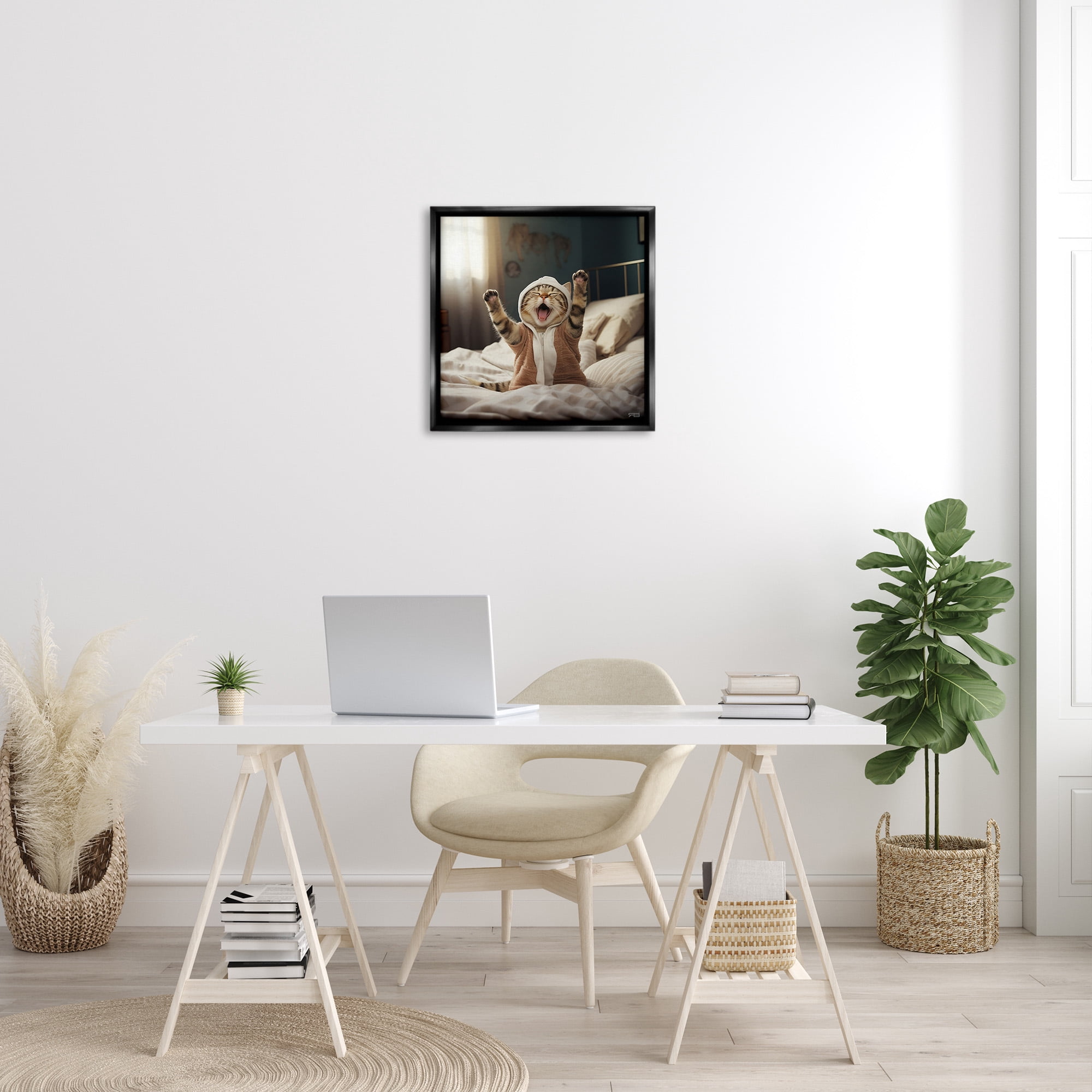 Stupell Industries Yawning Cat in Bed Animals & Insects Painting Black Floater Framed Canvas Art Print Wall Art, 25 x 25