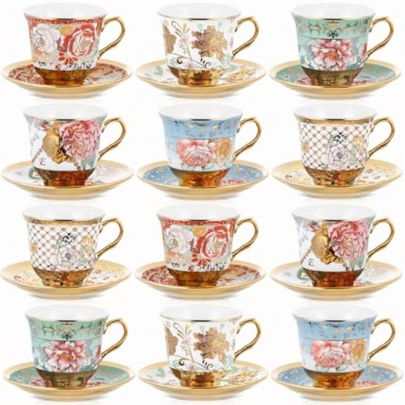 Set of 12 Tea Cups and Saucers Tea Party Decorations Floral Porcelain 5.4 oz British Gift for Women Birthday Party Church and Mother's Day Stylish Style