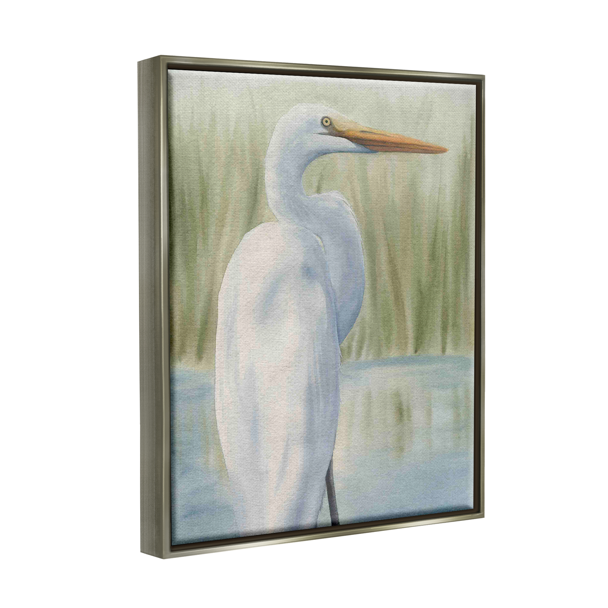 Stupell Industries Egret Marshland Painting Animals & Insects Painting Gray Floater Framed Art Print Wall Art, 17 x 21