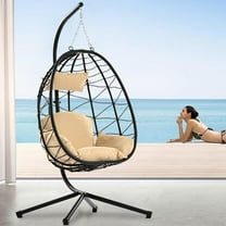 Egg Chair with Stand, Patio Wicker Hammock Chair Swing with Stand and UV Resistant Cushion, Egg Swing Chair for Outdoor Patio Porch Backyard Living Room, 300lbs Weight Capacity