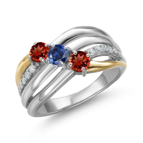 Gem Stone King 925 Silver and 10K Yellow Gold Red Garnet and Blue Created Sapphire and Lab Grown Diamond Engagement Ring for Women | 1.14 Cttw | Round 4MM | January Birthstone | Size 6