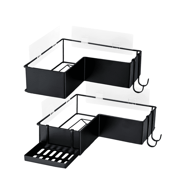 2 Pack Drill-Free Adhesive Corner Shower Caddy Organizer with Soap Holder and 4 Hooks