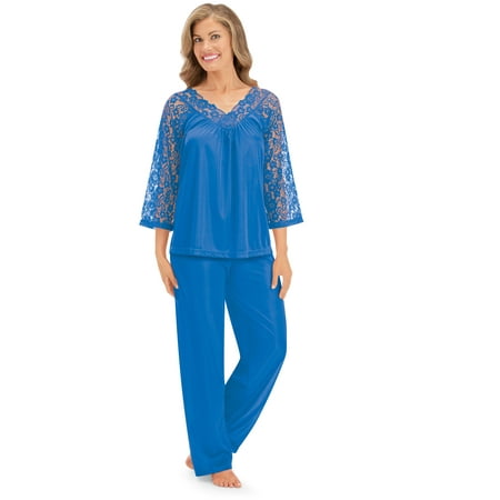 

Collections Etc Silky Lace Trim Pajama Set with 3/4 Sleeves