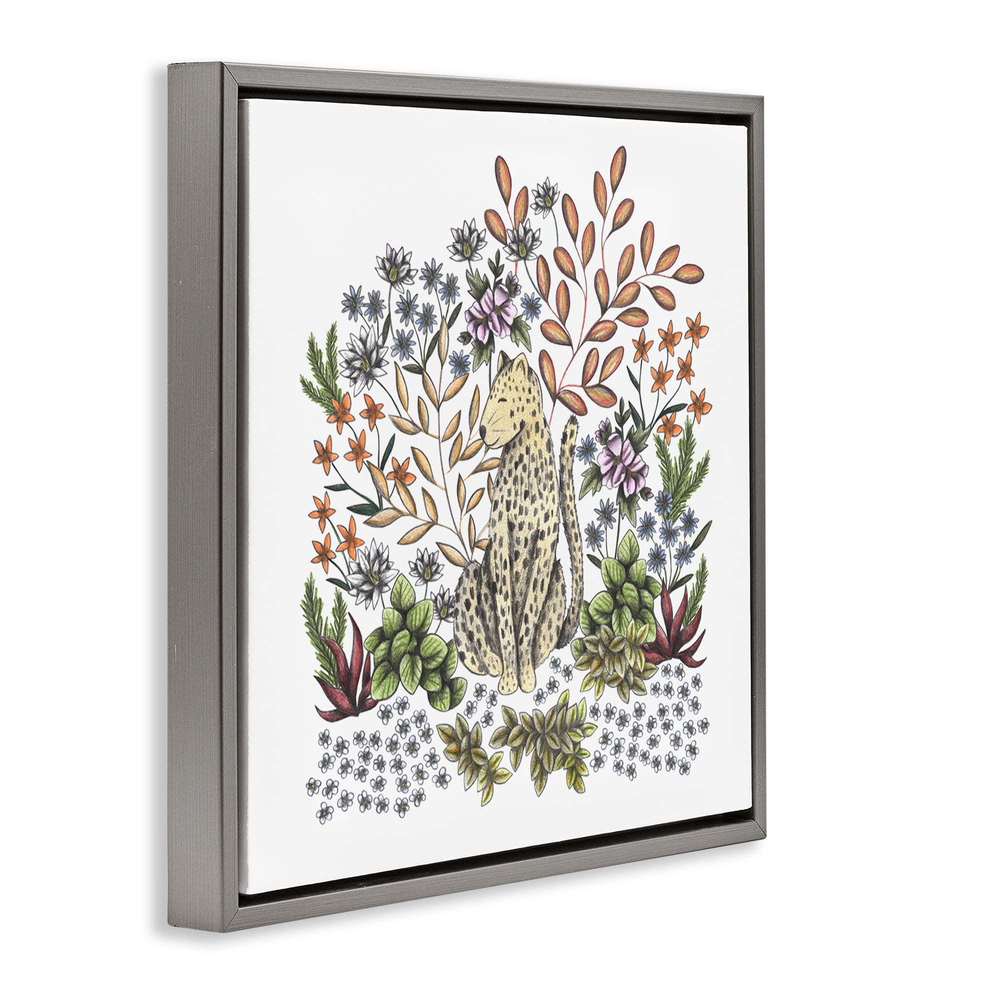 Jungle Wildlife Leopard Gray Framed Floater Canvas Wall Art, design by Cecilia Battaini