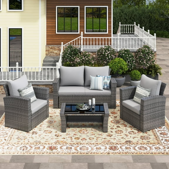 Superjoe 4 Pcs Outdoor Patio Furniture Sets,Wicker Conversation Set Rattan Sofa with Coffee Table and Cushions, Gray