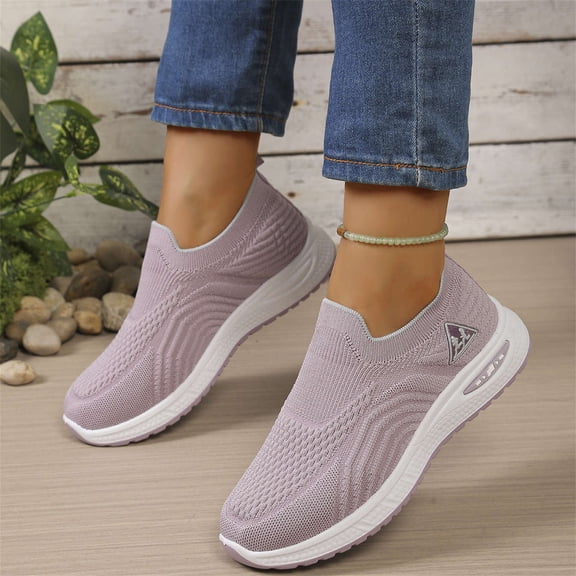 Domuza Women’s Slip On Knit Walking Sneakers, Breathable No-Lace Platform Orthopedic Casual Athletic Shoes Purple 5.5(EU-36)