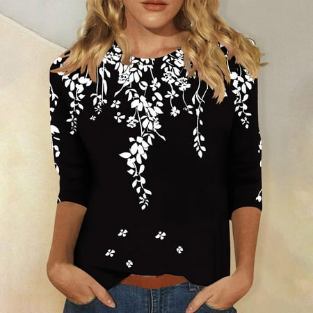 Patlollav 3/4 Length Sleeve Women Tops Crew Neck Blouses Dressy Casual Summer T Shirts Loose Fit Business Work Clothes