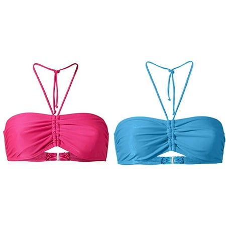 Lojoutye 2 Pack(Pink 1PCS & Sky Blue 1PCS) Womens Swimsuits Plus Size Two Piece Multipack Women s Summer Mix & Plain Bikini Bandeau Top Swimwear Beachwear