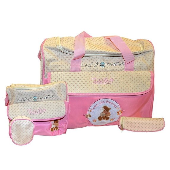 Todd Linen Brand New 5pc Bottle Food Bag Holder Set Diaper Nappy Changing Stylish Designed Strap Baby-Care Shoulder Bag (Pink)