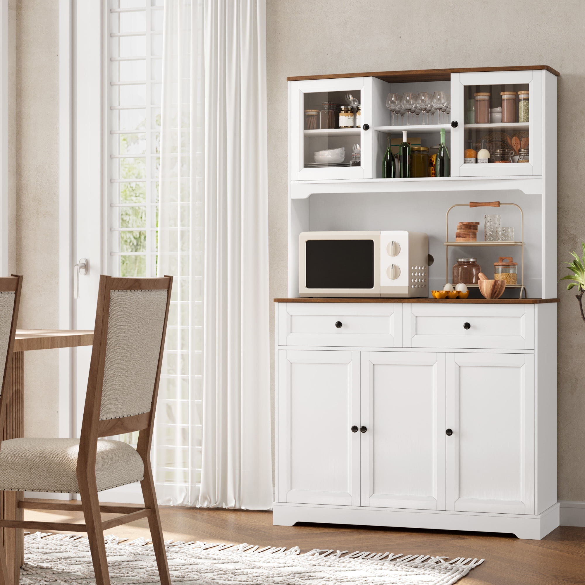 Homfa 71'' Kitchen Pantry Buffet Hutch, Freestanding Storage Cabinet with Countertop & Adjustable Shelves, Food Cupboard with Doors and Drawers, White
