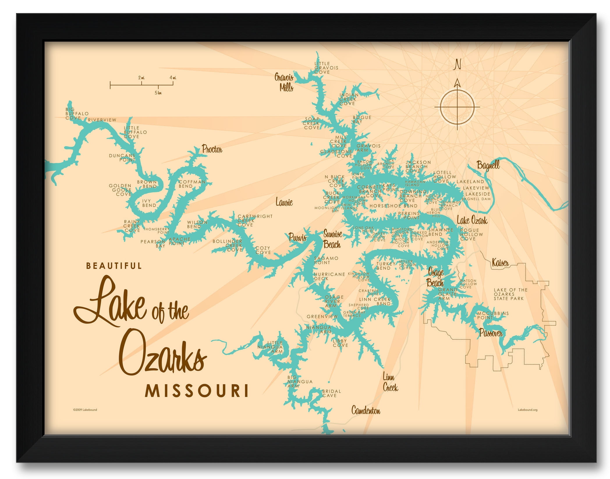 Lake Of The Ozarks Restaurant Map Lake Of The Ozarks Map Framed Art Print By Lakebound . Print Size: 18" X  24" Framed Art Size: 20" X 26" - Walmart.com