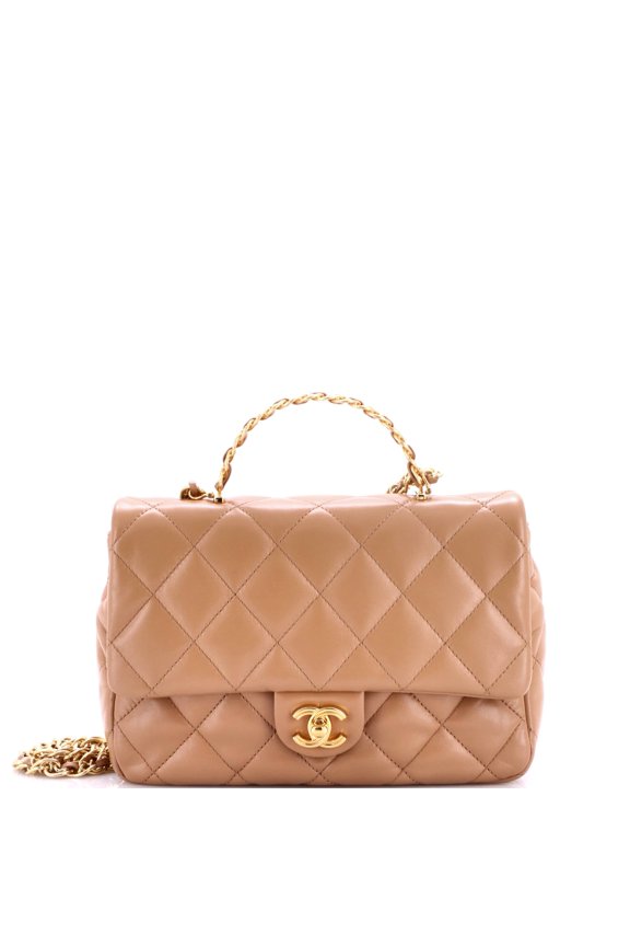 Pre-Owned Golden Links Top Handle Flap Bag Quilted Shiny Lambskin Medium By Rebag