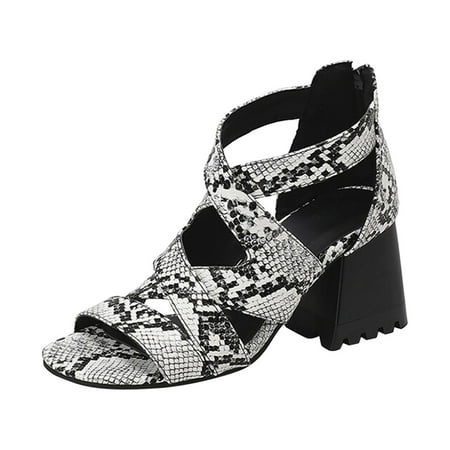 

MIASHUI Womens Sandals Shoes Leather Snakeskin Hollow Open Toe Thick High Heel Back Zipper Roman Sandals Casual Summer Shoes White 8.5