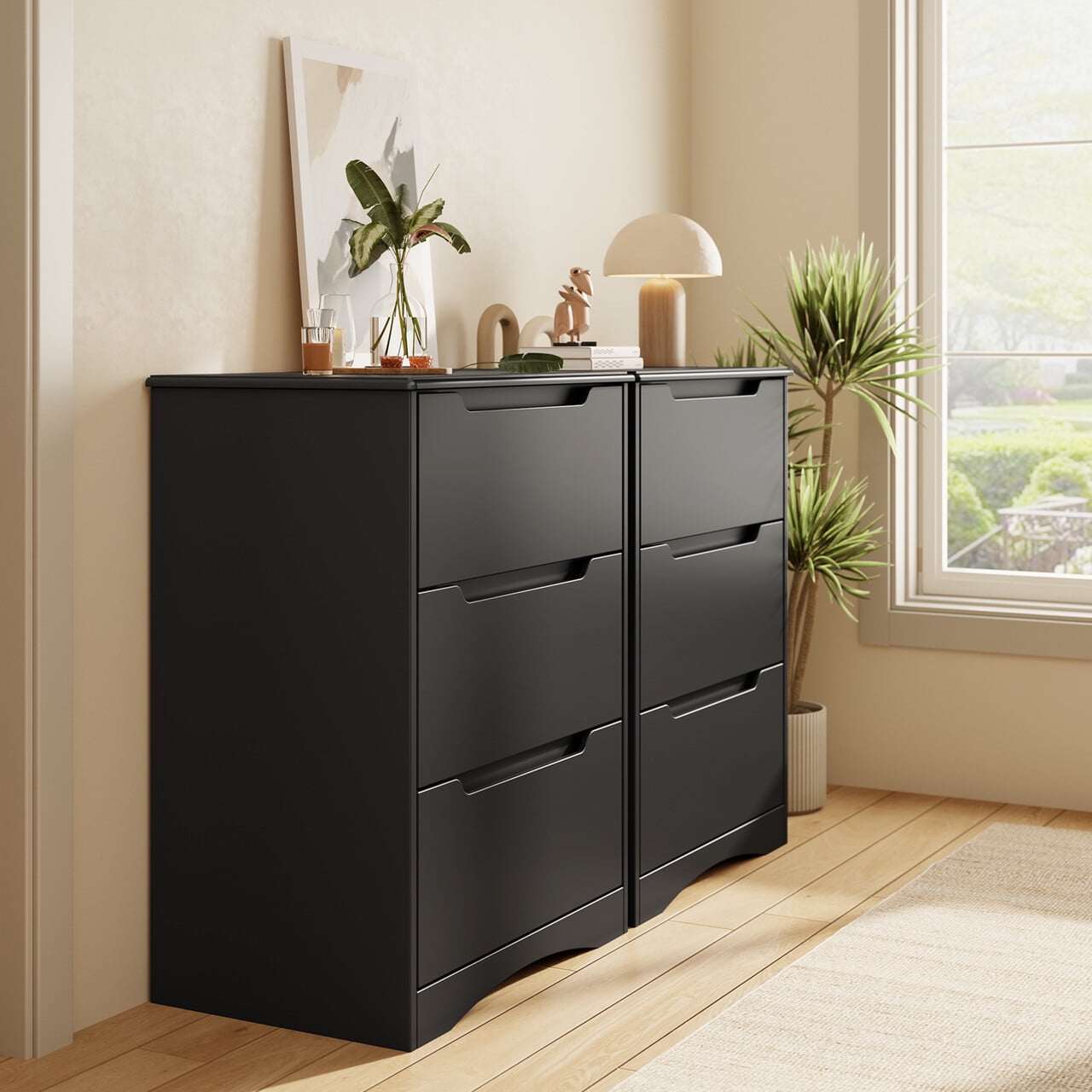 Aiho 3 Drawer Dresser, White Wood Storage Cabinet with Cutout Handles for Bedroom, Black