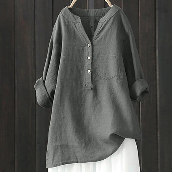 Chemise Ample Unie en Lin pour Femmes à Manches Longues, Boutonnée, Col Mandarin, Haut Boutonné, Hauts Nohow, Tunique, T-Shirts pour Femmes, Chemises pour Femmes, Automne, T-Shirts Classiques pour Femmes, Hauts à Manches 3/4 pour Femmes