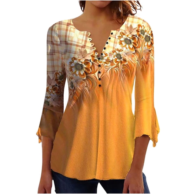 IROINNID On Sale Plus Size Shirts for Women Crew Neck Long Sleeve Comfortable Trumpet Printed Buttoned Basic Ruched Tops Pleated Blouses,Yellow