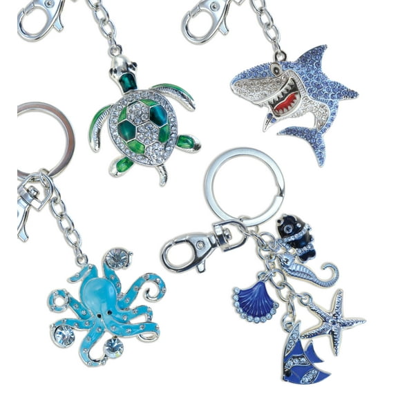 Aqua79 Sparkling Keychain Set of 4 – Octopus, Sea Turtle, Shark, and Beach Shells 3D Charm Rhinestones, Metal Alloy Key Ring - Accessory with Clasp for Key Chain, Bag, Purse, Handbag, and Backpacks
