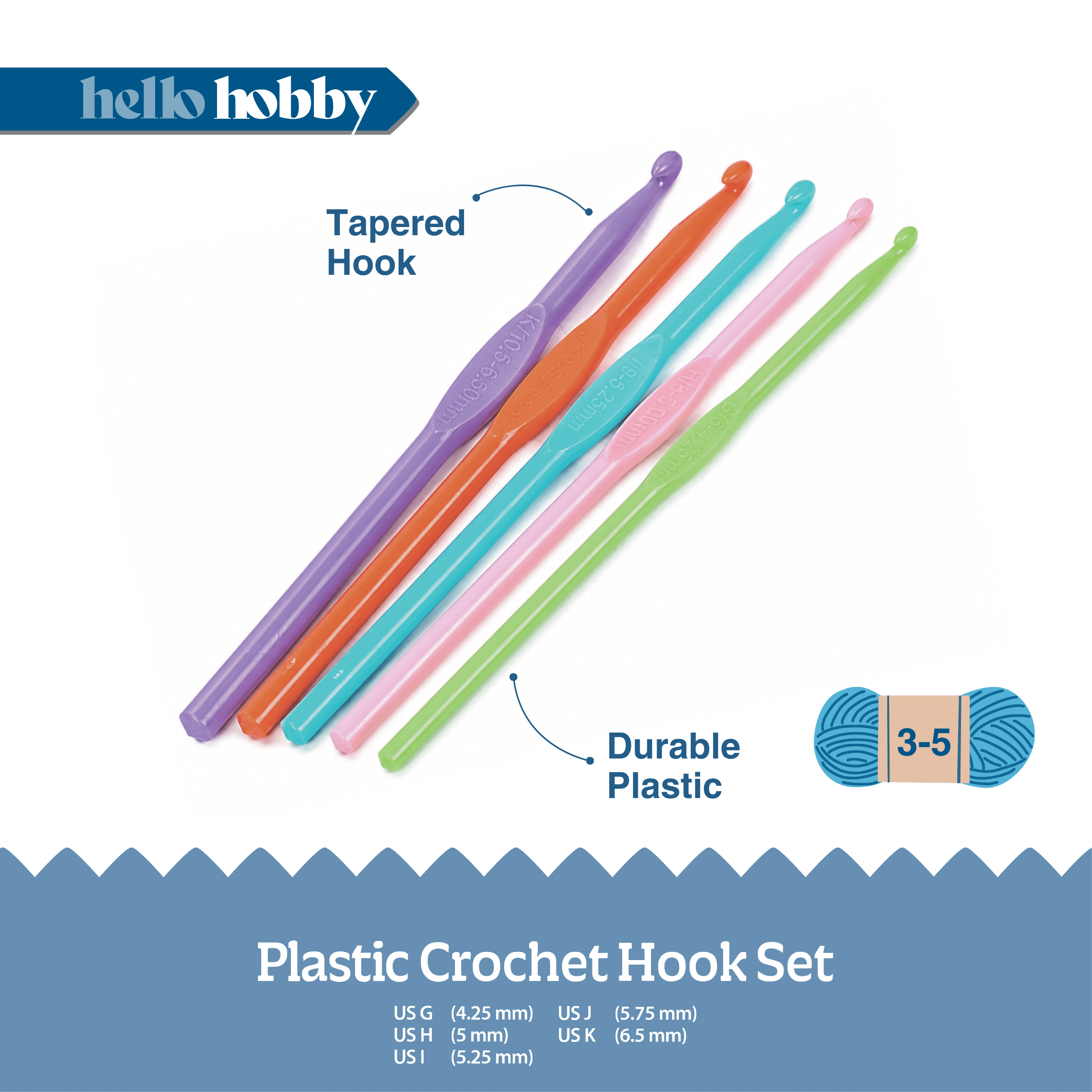 Hello Hobby Plastic Crochet Hooks, Sizes G-K, 5-Piece Set