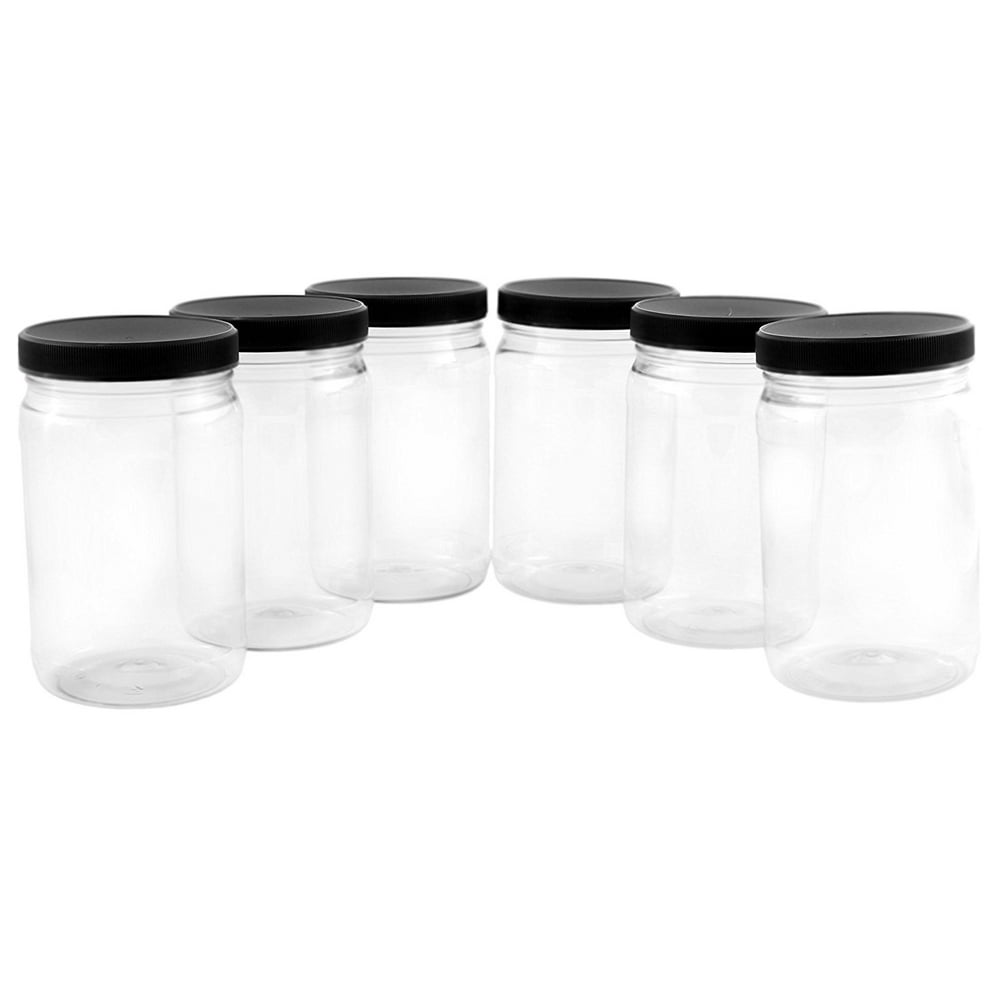 32oz Clear Plastic Jars with Black Ribbed Lids (6 pack) BPA Free PET