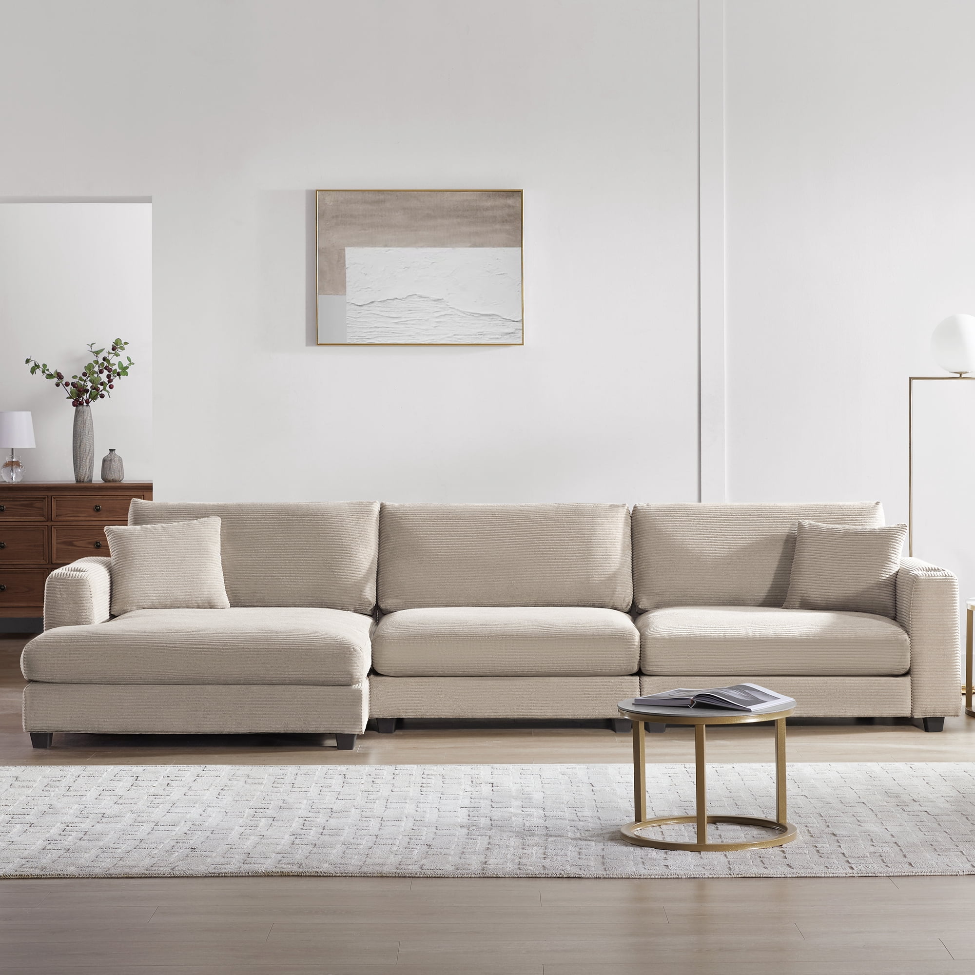 EUROCO 134" Oversized L Shaped Sectional Sofa Couch, 4 Seat Corduroy Deep Seat Sofa Bed with USB Charging Port, Cup Holder and 50" Chaise, Comfy Indoor Furniture for Living Room, khaki