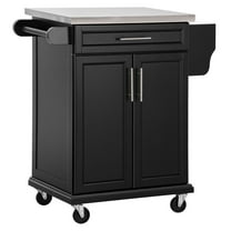 Rolling Kitchen Cart with Stainless Steel Top, Black - Mobile Island for Kitchens, Spice Rack & Lockable Wheels