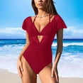 thumbnail image 2 of UTSJKR Women's One Piece Swimsuit Bathing Suit Halter Triangle Tops V Neck Ruched Short Sleeve Mesh Ruffled Red L, 2 of 7