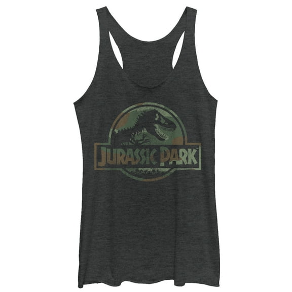 Women's Jurassic Park Dark Camo Logo  Racerback Tank Top Black Heather X Large