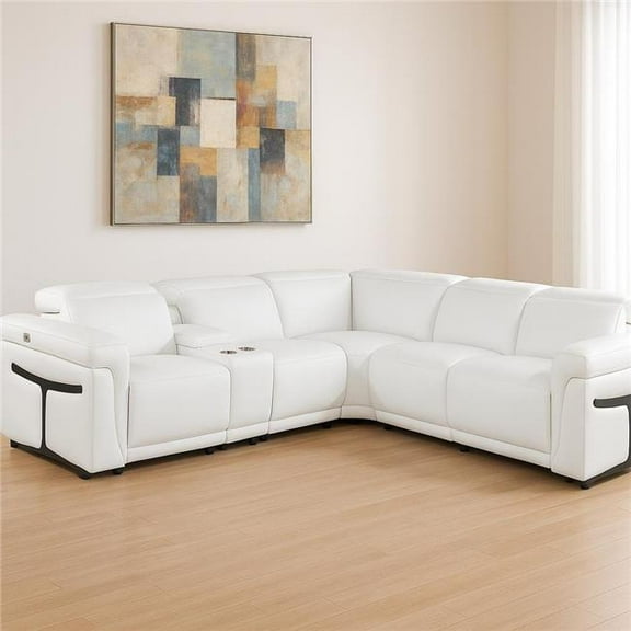 HomeRoots 534877 White Italian Leather Modular L Shaped 6 Piece Corner Sectional with Console
