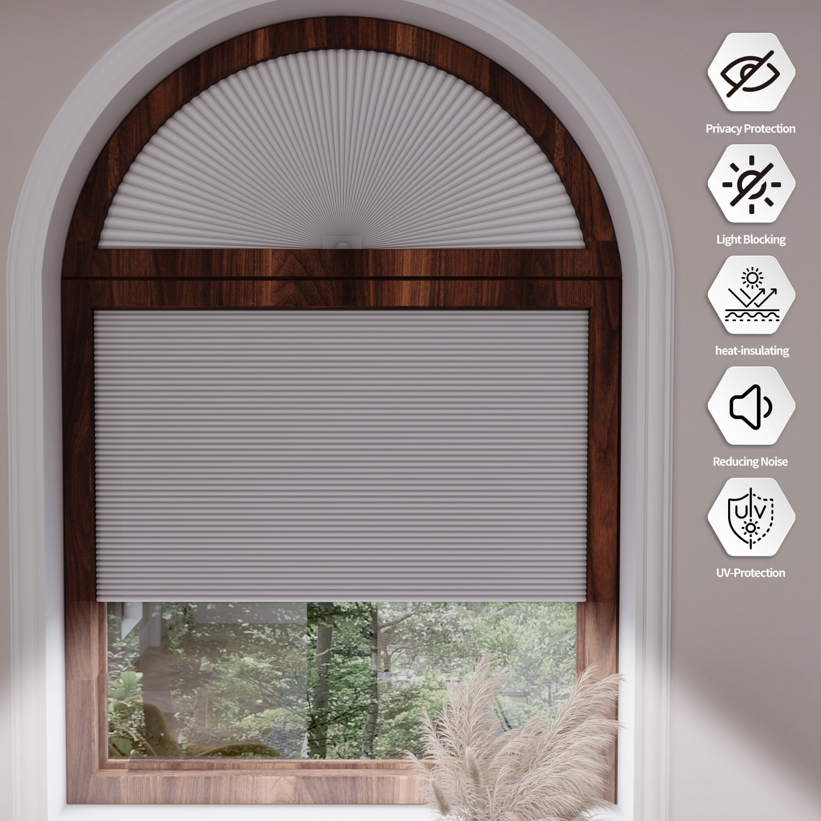 MYshade No Tools Arch Window Shades Tie-Up Blackout Cellular Arch Window Shades, White 36"W x 72"H