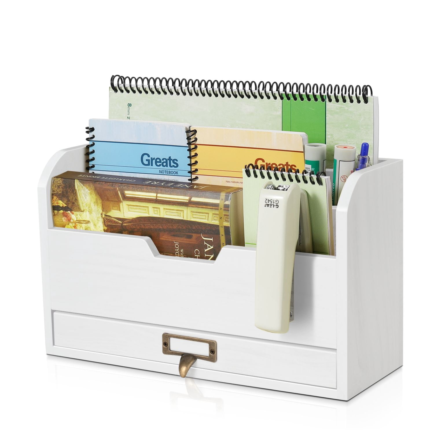Wood Desk Organizer - Wooden Mail Organizer with Drawer for Mail, Bills, Accessories & Pen - 3 Tier Wood Bill Organizer for Desk, Tabletop, Countertop, and Office Workspace (Beige Wood)
