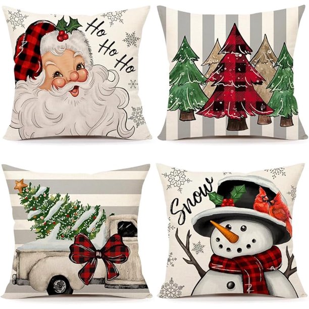 Juego de 4 fundas de almohada navideñas de 18 x 18 pulgadas, decoraciones navideñas de estilo rústico, muñeco de nieve, Papá Noel, árboles de granja, camión, rayas, decoración navideña gris, funda de
